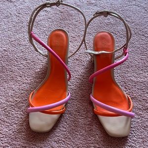 Size 9 - Low Platform Heels (Pink and Orange straps w/ neutral base)
